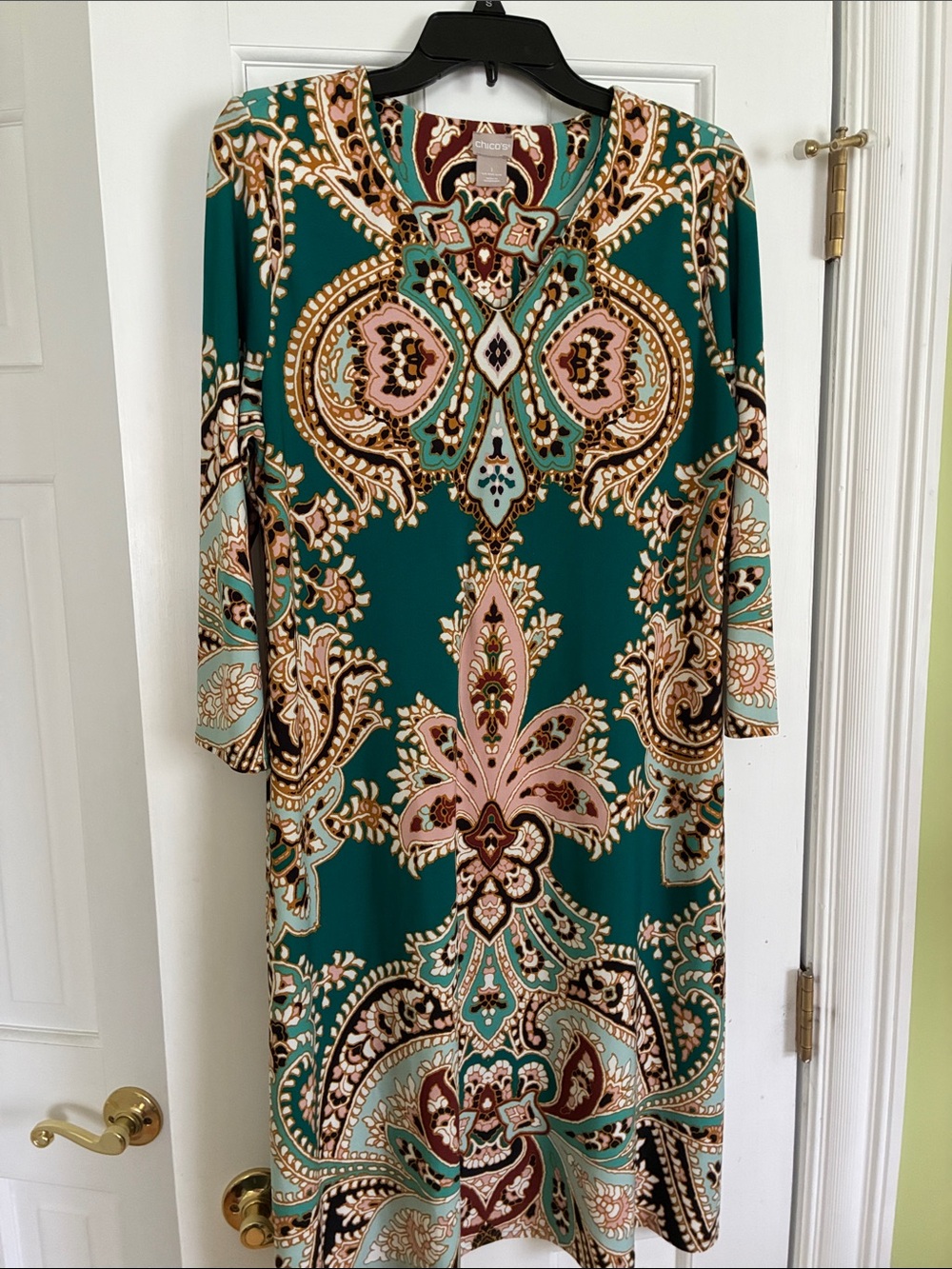 Chico's Teal and Pink Paisley V-Neck Dress. Size 1